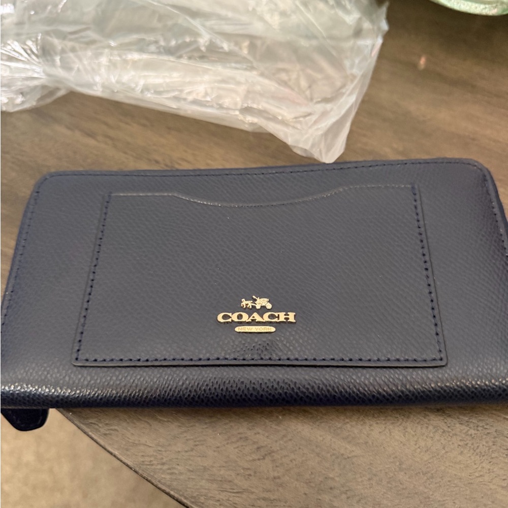 Coach Navy and Brown Signature Zip Wallet with Gold Accent